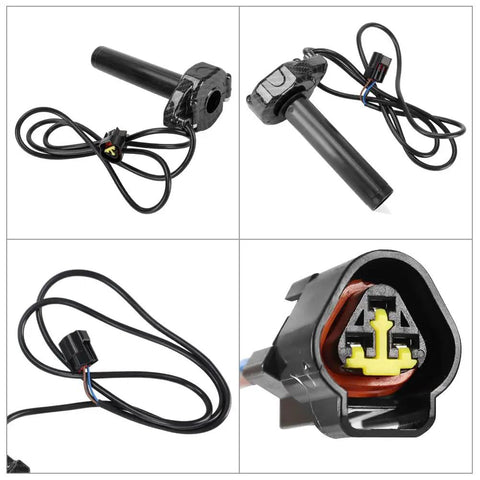 Imitation Carbon Fiber Throttle Handle Kit With Quick Twist Grips And Cable For Electric Dirt Bikes Plug And Play Compatible With Sur Ron X Series X160 X260 Light Bee, showing four angles including close-up of connector.