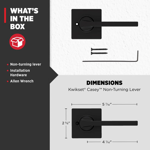 Casey Dummy Door Handle For Closets And Pantry, Single Sided Lever For French Doors, Matte Black Non Turning Reversible Interior Push Pull Lever, No Hassle DIY Install, Microban Protection For Smudge Resistant Use installation kit with hardware and dimensions.