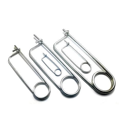 Heavy Duty 1.2mm To 10mm Zinc Coated Steel Spring Lock Pins For Industrial And DIY Builds Built Tough With 65Mn Alloy displayed in three sizes.