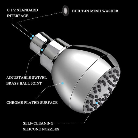 High Pressure 3 Inch Shower Head with Anti Clog Anti Leak Fixed Chrome Shower Head with silicone nozzles and brass ball joint