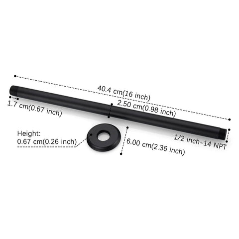 16 Inch Matte Black Ceiling Mounted Shower Arm And Flange For Rain Shower Head, Anti Rust Stainless Steel Design, Standard 1/2 Inch NPT Threads, Easy Wall Mount, Modern Game Changing Bathroom Upgrade shown with dimensions