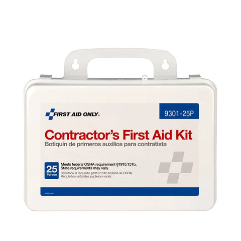 Front view of First Aid Only 9301-25P contractor's first aid kit in a white metal case with handle