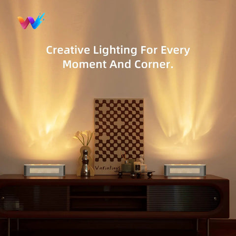 Smart LED Light Bar With RGBICW projecting warm light on walls behind a decorative shelf display with silver units, enhancing room decor.