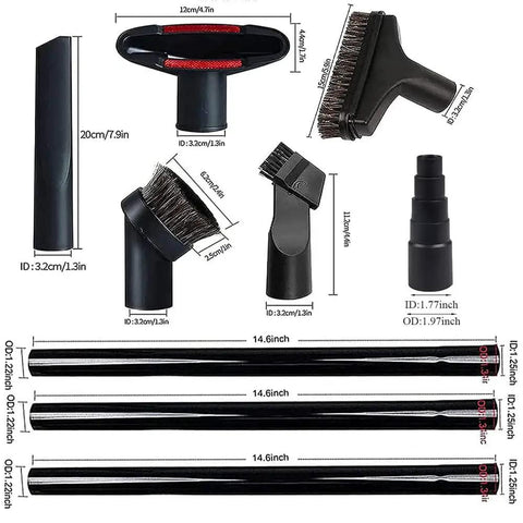Universal Vacuum Attachments Set 1.25 Inch with Hardwood Floor Brush, showing 9 tools including nozzles, brushes, wands, and adapter.