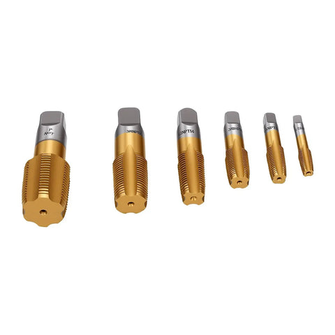 Six Piece Ti Coated Carbon Steel NPT Pipe Tap Set With Storage Case For Plumbing Automotive And Construction Jobs - Includes 1/8 In, 1/4 In, 3/8 In, 1/2 In, 3/4 In And 1 In Hand Threading Taps. Six NPT taps displayed