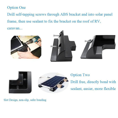 Drill Free Solar Panel Mounting Bracket Kit Seven Piece ABS with screws and corner brackets, DIY install options shown.