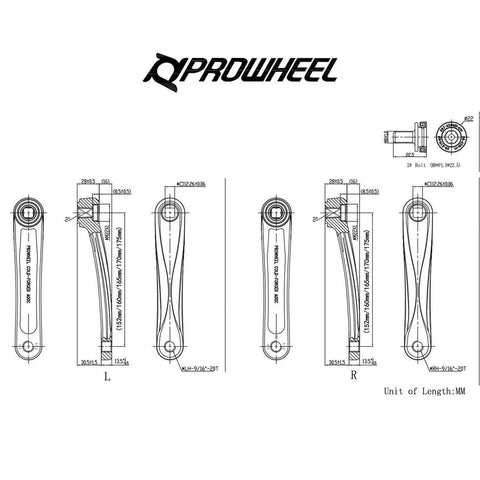 Technical drawing of One Pair Square Hole Bike Crank Arms 140mm 152mm 160mm 165mm 170mm 175mm Alloy 6061 Black For E Bikes