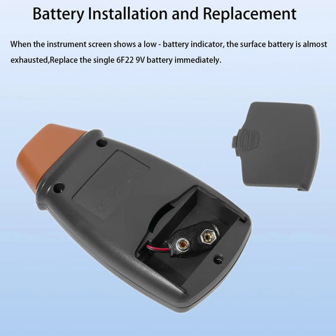 Back view of Portable Digital Laser Tachometer With Wide Measuring Range And Five Digit Display Non Contact RPM Meter battery compartment open for replacement.