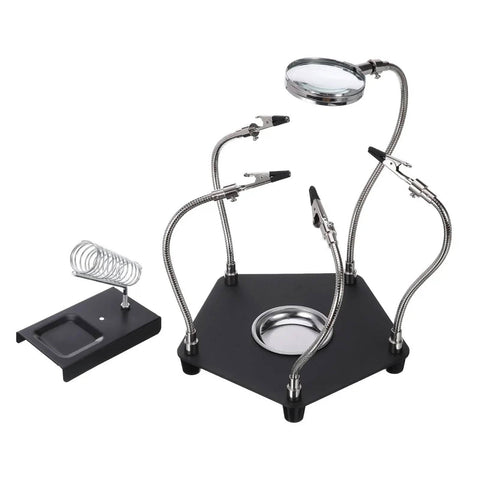 Soldering Helping Hands With 3X Magnifying Glass 4 Rotatable Alligator Clips Magnetic Base Stand Gooseneck Arms displayed