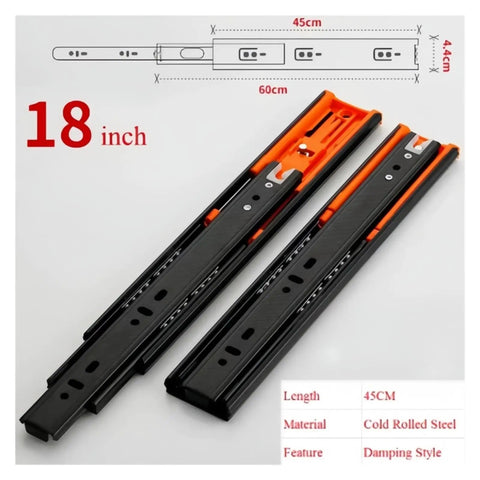 Two Pair Undermount Buffer Drawer Slides With Rock Solid Half Extension Design Offering Buttery Smooth Glide Action For Straight Up Tough Shop Benches And Home Cabinetry Workflows, 18 inch cold rolled steel glides.