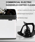 Commercial Electric Knock Box and Portafilter Cleaner, handheld cleaning brush with waterless design for café use.