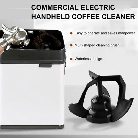 Commercial Electric Knock Box and Portafilter Cleaner, handheld cleaning brush with waterless design for café use.