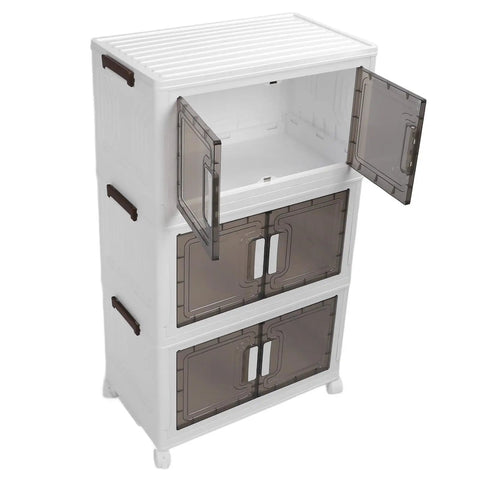 Super Sturdy Folding Storage Bins With Four Rollers For No Sweat Moving Quick Assembly Durable Plastic Bins in a stacked three tier set.