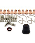 24Piece Plasma Cutter Spare Parts Kit For S25 S25K S30 S35 S45 Torches Including Electrodes And Tips, Swirl Ring, Shield Cap, And Springs displayed.