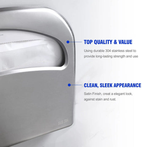 Close-up of wall mount toilet seat cover dispenser for commercial use, satin 304 stainless steel, heavy duty, anti-corrosion features visible.