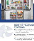 Upgraded Refrigerator Evaporator Fan Blade Replacement For Whirlpool Amana Kenmore Jenn Air KitchenAid Refrigerators shown with fridge and text description.