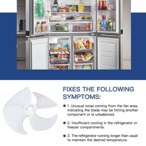 Upgraded Refrigerator Evaporator Fan Blade Replacement For Whirlpool Amana Kenmore Jenn Air KitchenAid Refrigerators shown with fridge and text description.