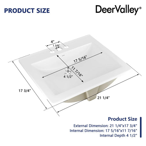Slick White Ceramic Drop In Bathroom Sink 21 By 18 Inch Rectangle Basin With Three Hole Faucet Setup and Front Overflow Protection Easy No Sweat Install Total Game Changer For Vanities dimensions and measurements shown.