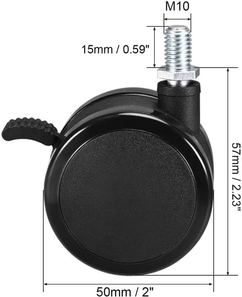 Built Tough 2 Inch Black Polyurethane Caster Wheels With Brake Rolls Smooth Swivel Casters showcasing dimensions and threaded stem.