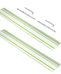 Ultra Precision 110 Inch Track Saw Guide Rail With Locking Connector, two 55 inch aluminum tracks with green stripe for woodworking.