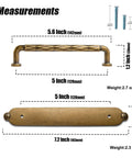 Five Inch Antique Brass Cabinet Pull Handles With Timeless Oval Backplates, Hella Durable Zinc Alloy Drawer Knobs For Kitchen Cabinets And Dressers, Rust Proof Two Pack Slick Smooth Handle Grip measurements with dimensions.