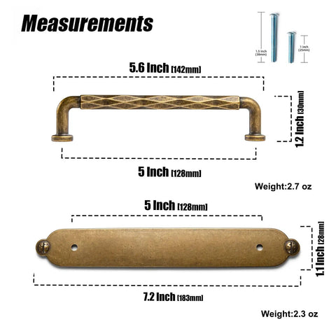 Five Inch Antique Brass Cabinet Pull Handles With Timeless Oval Backplates, Hella Durable Zinc Alloy Drawer Knobs For Kitchen Cabinets And Dressers, Rust Proof Two Pack Slick Smooth Handle Grip measurements with dimensions.