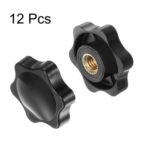 12 Pcs Star Knobs M8 Female Thread 38mm 6-Point Plastic Head Brass Insert Non-Through Hole Screw-In Hand Knob Clamping Handle Black