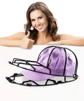 2 Pack Hat Washer Cage For Washing Machine And Dishwasher, black cage securing a purple baseball cap, woman giving thumbs up