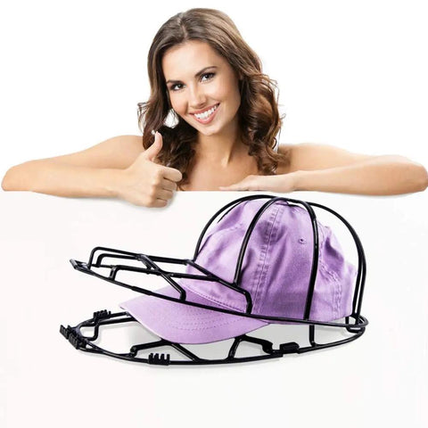 2 Pack Hat Washer Cage For Washing Machine And Dishwasher, black cage securing a purple baseball cap, woman giving thumbs up