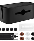All-In-One Cable Management Box Kit For Desk And Floor Cord Organizer Hides Power Strips And Wires Includes 6 Cable Clips 10 Reusable Ties And Wall Hook For Easy Wall Mount In Home Office Black, showcasing box and accessories
