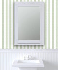 Kickin Green Stripe Textured Vinyl Wallpaper With Rock Solid Durability For Commercial And Home Spaces, featuring a stylish bathroom setting.