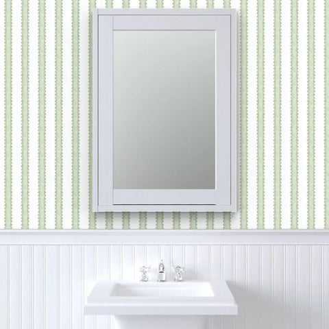 Premium Green Stripes Wallpaper With Heavy Duty Matte Finish And Natural Linen Texture Designed For Homes And Commercial Spots Featuring Pvc Free Composition And Quick Paste To Paper Setup That Totally Slaps in a bathroom setting with a sink and mirror.