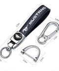 Top Shelf Genuine Leather Car Keychain With Mirror Polish Zinc Alloy Hook Fresh Daily Grind Accessory For Ford Mustang Owners Sleek Black Auto Key Ring Gift, featuring dimensions and design details.