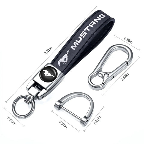 Top Shelf Genuine Leather Car Keychain With Mirror Polish Zinc Alloy Hook Fresh Daily Grind Accessory For Ford Mustang Owners Sleek Black Auto Key Ring Gift, featuring dimensions and design details.