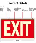 Two Pack Glow In The Dark Aluminum Exit Signs 12x7 Inches Photoluminescent Laminated For UV Weather And Fade Resistance Built Tough Easy To Spot Indoors And Outdoors For Office School Warehouse Business Fire Exit Sign, red exit sign details