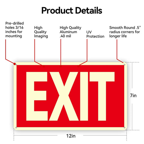 Two Pack Glow In The Dark Aluminum Exit Signs 12x7 Inches Photoluminescent Laminated For UV Weather And Fade Resistance Built Tough Easy To Spot Indoors And Outdoors For Office School Warehouse Business Fire Exit Sign, red exit sign details