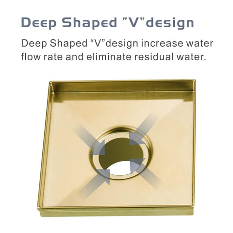 Gold Brushed Square Shower Drain With Flange 6 Inch Stainless Steel 304 Floor Drain deep V shape design for water flow