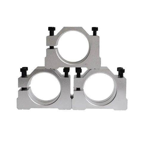 Top Spindle Clamp Bracket For 48 To 56mm Spindles With 4 Bolts And Heavy Aluminum Build Perfect Fit For CNC Routers And Engraving Machines Z Axis Mounting Made Smooth, showing three aluminum clamps.