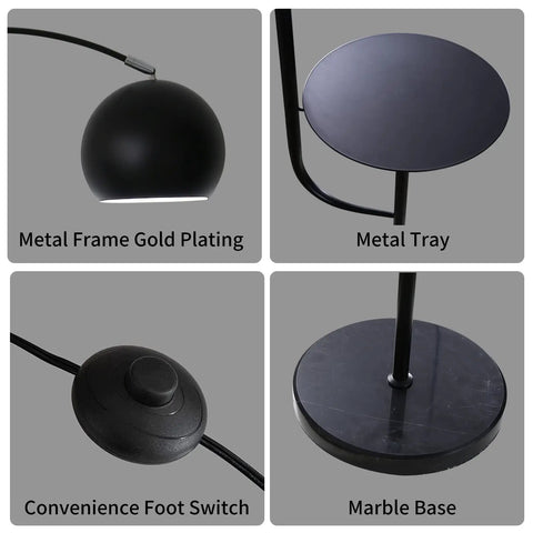 Close-up images of Black Floor Lamp With Marble Table Base 79 Inch Modern Industrial Arc Lamp details including metal tray, switch, base.