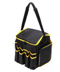 Heavy Duty Oxford Tool Organizer Bag With Removable Divider And Nonslip Rubber Feet Built Like A Tank For Tradesmen And Diy Crew Portable 20 Liter Carry Tote with yellow accents.