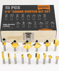 One Quarter Inch Shank Router Bits Set, 15 Piece Tungsten Carbide Woodworking Kit in box with yellow-tipped bits on display