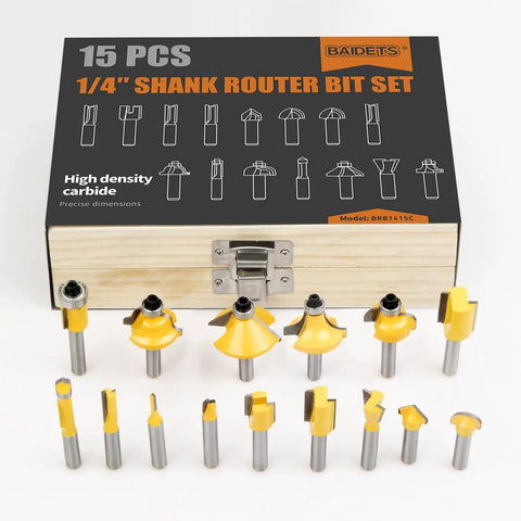 One Quarter Inch Shank Router Bits Set, 15 Piece Tungsten Carbide Woodworking Kit in box with yellow-tipped bits on display