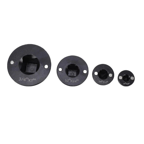 Top Tier 4 Piece Low Impact Socket Adapter Set With Magnetic Drive Ratchet Converter Kit And Compact Wrench Adapters For Quick Size Swap From Quarter To Inch Drivers Perfect For Tight Spaces. Four black steel socket adapters, front view