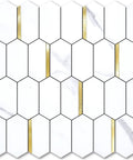 Long Hexagon Peel And Stick Backsplash Tiles Dope Look 10 Sheets 12.4 By 12 Inch White Marble Look PVC Mixed Metal Gold Self Adhesive Mosaic Wall Tiles For Kitchen And Bathroom showing hexagon layout with marble and gold accents