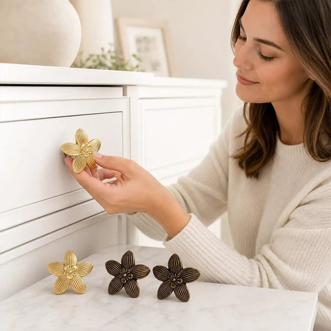 Woman installing 4 Pack Flower Cabinet Knobs For Dresser Drawers Hardware Gold Finish Zinc Alloy Rust Resistant Petal Handles Vintage Floral Knob