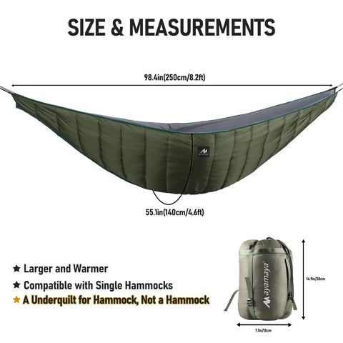 Full Length Hammock Underquilt For Cold Weather Camping And Backpacking Single And Double Size Insulated UQ Blanket shown with dimensions