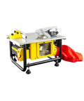 Top Shelf Mini Table Saw With Integrated Vacuum System And Badass 2200W Motor delivering dust-free cuts on wood with metal base.