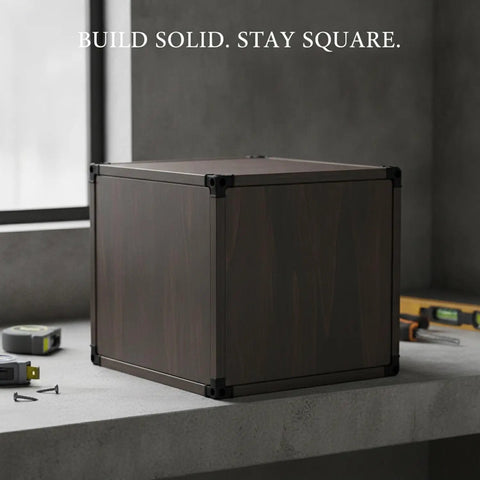 1.97 Inch Metal Furniture Connector Brackets For Modular Cube Storage Systems Black Polyester Coated Hardware Kit demonstrated on wood cube