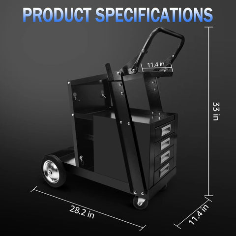 Heavy Duty Welding Cart With Four Drawers And Large Workbench 360 Degree Swivel Wheels Rolling Trolley side view dimensions