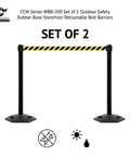 Outdoor Safety Stanchions Set Of 2 With Rubber Base And 11 Foot Yellow Black Diagonal Belt, Retractable Barrier System